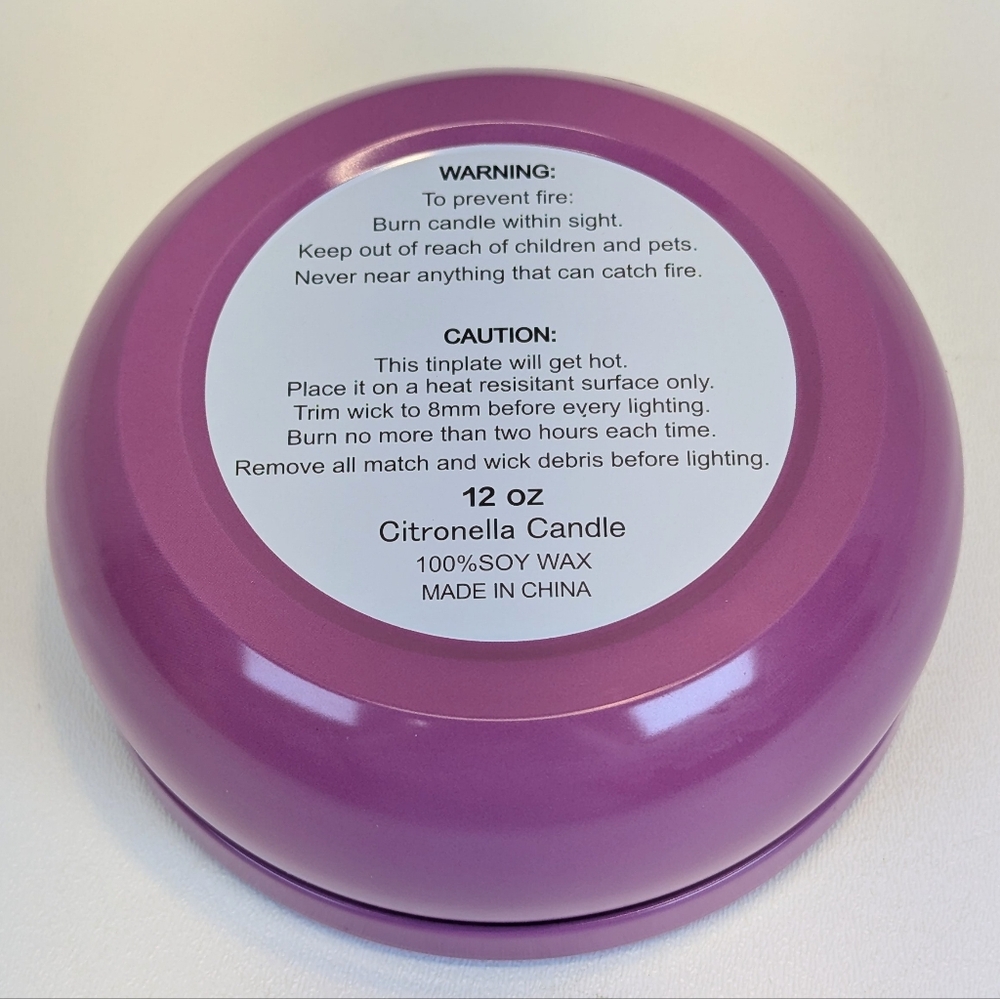 Citronella Soy Wax Candle Purple Floral Design Tin 12oz - Picture 2 of 3